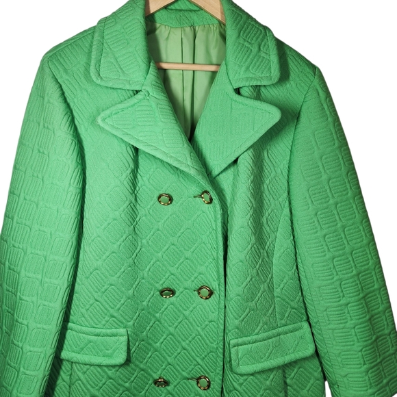 Vintage 60s MOD Mid Century Modern Long Coat Green Double Breasted Bold Funky L - Picture 3 of 14